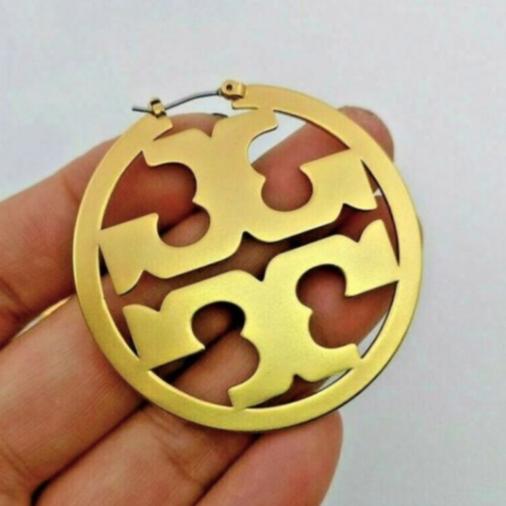 Tory Burch Large 16K Miller Hoop Earrings Gold NEW